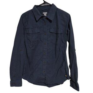 Carhartt Button Front Shirt Womens Size Large Teal Blue Roll Tab Sleeve